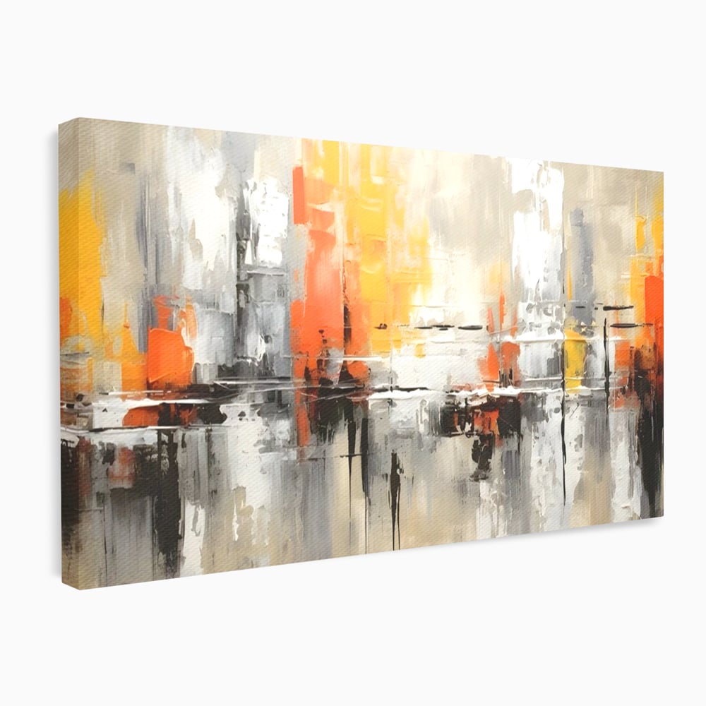 Tablou canvas cu pictura abstracta cu turnuri portocalii, fara rama, pe sasiu de lemn